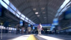 time lapse of crowd of people Walking in railway station, subway train Platform crowded with business workers at rush hour, depressing urban environment