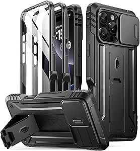 Poetic Revolution Case for iPhone 16 Pro Max 6.9 inch, [Slide Camera Cover], Full-Body Military Grade Rugged Shockproof Cover with Kickstand and Built-in-Screen Protector, Black