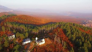 Fly over falll nature and Belogradchik rocks in Bulgaria mountains