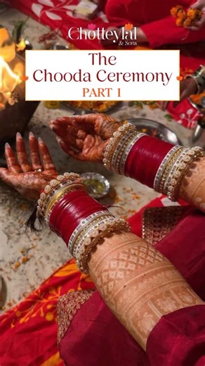 Chotteylal & Sons on Instagram: "The Chooda ceremony is a deeply sentimental ritual that marks a bride’s final steps toward her new life, centered around the maternal uncle (Mama) bestowing her with a Chooda bangles. Traditionally soaked in a mixture of milk and rose water to signify purity and prosperity, these bangles are slipped onto the bride’s wrists while her eyes are often covered, heightening the emotional anticipation of the transition. The ceremony is further layered with the tying of