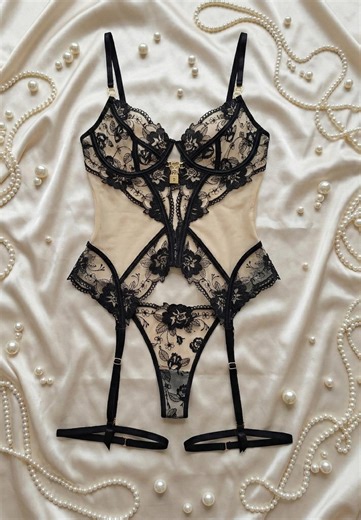 Sheer Embroidery Lace Lingerie Set, Bodysuit Teddy, Bridal Honeymoon Outfit