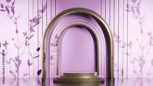 product display stand design with tree leave shadow in 3d rendering animation , e-commerce website sale discount pink purple female jewelry