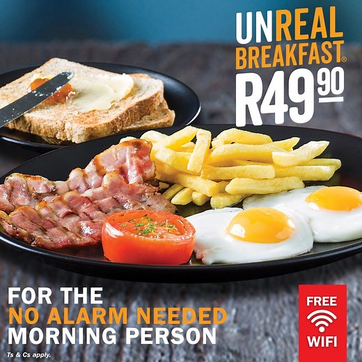 Every kind of morning person deserves a Spur Unreal Breakfast® 🤩 Why? Because you can get 2 eggs, 2 rashers of crispy back bacon, golden chips, grilled tomato, toast and jam for just R49.90, that’s why! What kind of morning person are you? 🤤 Available nationwide until 11am daily. Ts & Cs apply. #UnrealBreakfast #SpurSteakRanches | Spur Steak Ranches