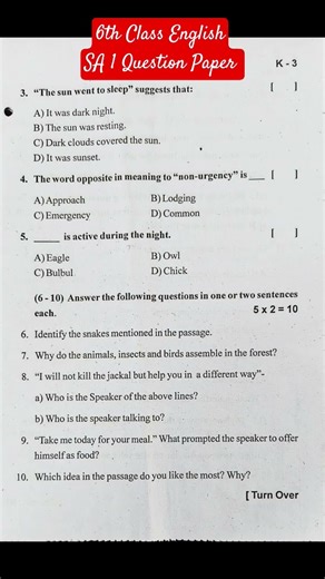 6th Class English SA-1 English Question Paper #6thclassenglish