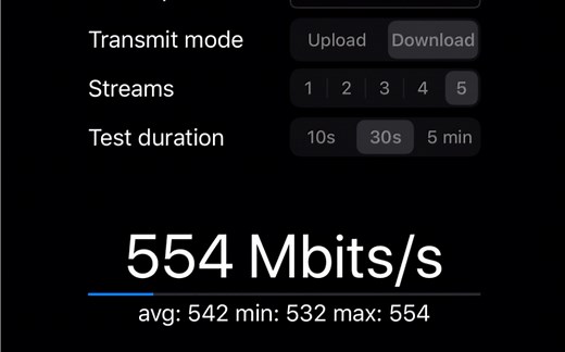 苹果iperf3 内网测速 wifi5 最高554Mbps