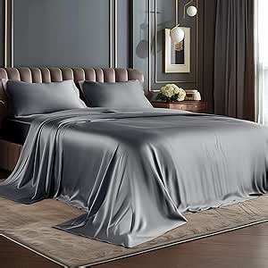 BEDELITE Satin Sheets Queen Size Bed Set, Luxury Soft Dark Grey Silky Sheets for Hair and Skin, Similar to Silk Bed Sheets Set 4 Pieces with 1 Deep Pocket Fitted Sheet, 1 Flat Sheet, and 2 Pillowcases