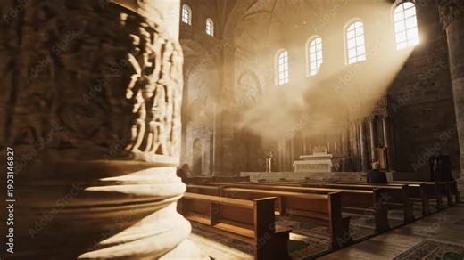 Sunlight streaming through historic cathedral stained glass, illuminating ancient pillars