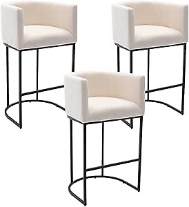 HNY Cream Modern Barrel Counter Height Clearance Bar Stools Set of 3, 32 Inch Linen Kitchen Barstools with Back for Island, with Black Metal Tubular Frame