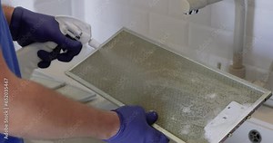 cleaning mesh filter of cooker hood using spraying cleaning solution