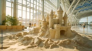 sand castle construction amidst the airport gates