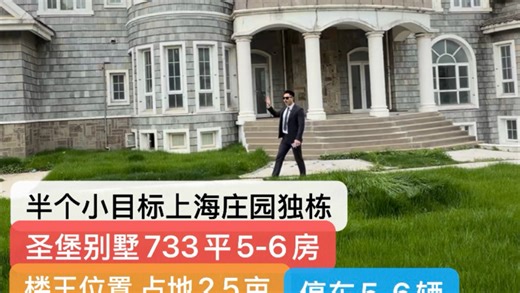 半个小目标左右买上海庄园独栋#圣堡别墅 733平5-6房 楼王位置占地2.5亩 停车5-6辆 地上2层加阁楼 地下1层