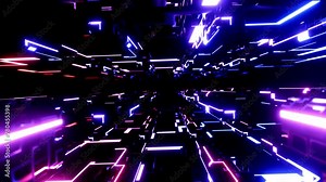 flight through hi-tech technology tunnel with camera shake. Neon light in mirror room, sci-fi constructions, mysterious 3d objects. Fly through technology cyberspace. 3d almost looped 4k bg.
