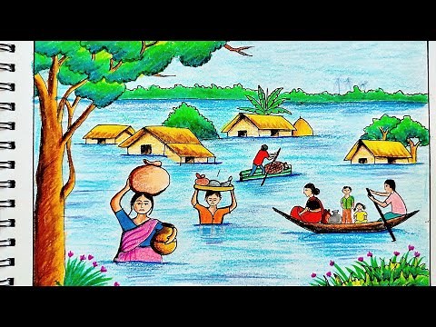 How to Draw Scenery of Flood Step by Step || Flood Drawing Easy || Scenery Drawing Easy