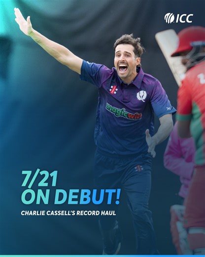 634K views · 7.6K reactions | 7/21 勞 Best figures on debut in Men's ODIs by Charlie Cassell  #CWCL2 #OMAvSCO | ICC - International Cricket Council | Facebook