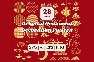 28 Golden Oriental Ornamental Elements, Chinese traditional decoration, patterns|Cloud|Lotus|Bamboo, sticker, svg, png, Digital download