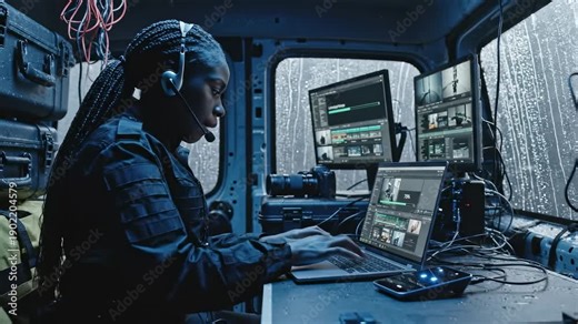 Focused and determined, a tech expert interprets vital storm data inside a mobile weather station as rain pours outside. Her expertise shines through even in tough conditions.