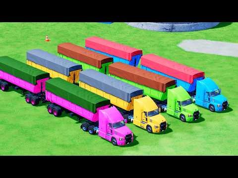 MEGA Colorful Trucks with DOUBLE Trailers Loading in Rainbow Arena! Super Fun! FS22 MACK MAN SCANIA