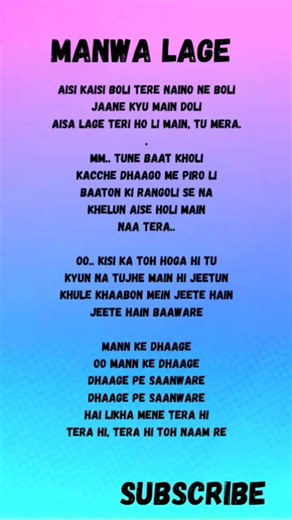 Manwa Lage 🎼🎵🎶🎤🎧❣️❣️ #song #lyrics #hindisong #youtubeshorts