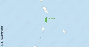 World Map Zoom In To St Lucia. Animation in 4K Video. Green St Lucia Territory On Blue and White World Map