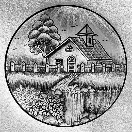 Beautiful waterfall castle drawing in circle #circlescenery #waterfalldraw | Md. Takbir Hossain