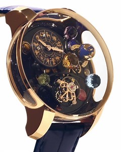 The Astronomia Solar places a microscopic, yet exquisitely finished and fully mechanical solar system and does so in the most compact size for an Astronomia yet, at just 43.40 millimeters in diameter. The massive sapphire crystal windows give light – and curious eyes – direct access to the breathtaking wonders of ultra-fine gem-setting and watchmaking. | Jacob & Co.