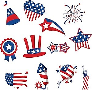 Whaline 48Pcs 4th of July Cut-Outs Patriotic American Flag Cut Outs with 100pcs Glue Points Cartoon Stars Stripes Heart Firework Paper Cut-Outs for Independence Day Classroom Bulletin Board Decor