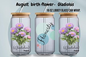 Emballage en verre de fleurs de naissance de glaïeuls, conception de gobelets floraux d'août, violet 16 oz PNG. - Etsy France