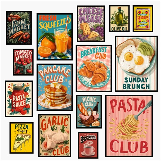 Retro Kitchen Wall Art Prints | Italian Food, Pasta, Pizza, Coffee (20-piece Set) - Etsy