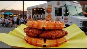 Chicken and Waffle Sandwich in Front of Food Truck Stock Footage - Video of modern, graphic: 393401940