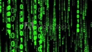 Green binary code falling down - matrix concept. Camera moves thorough falling digits, glow effect, black background - 3D 4k animation (3840x2160 px).