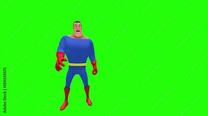 Frightened nervous animated superhero strongman cartoon character gestures to right side with arm multiple times in front of green screen background