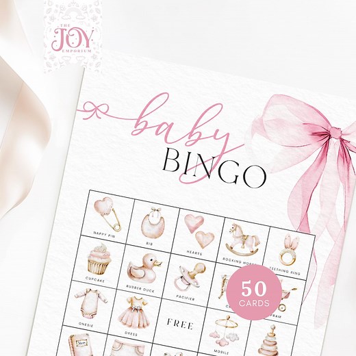 Baby Shower Bingo Cards | Printable Baby Bingo Game | Fun Baby Shower Activity | Instant Download | Girl Baby Bingo | Pink Bow Baby Shower - Etsy