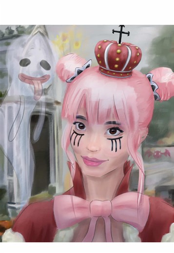 Perona’s cemetery selfie 🤳 finished artwork. Perona is one of my favorite One Piece characters, so I wanted to try to draw a semi realistic portrait of her. Not sure I really captured her, but at least I tried. As of posting this, I have drawn for a total of 140 hours in 2026. I’m going for 1000, so follow if you’d like to see the progress. #onepiecefanart #perona #clipstudiopaint #animeartwork #semirealistic