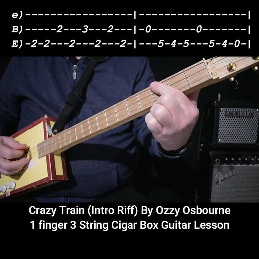 Crazy Train (Intro Riff) - 1 Finger Cigar Box Guitar - "No Chat" Easy 3 String Lesson
