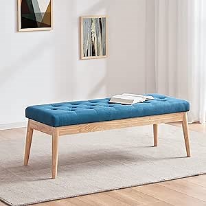 Tbfit Button-Tufted Entryway Bench Seat, Upholstered End of Bed Bench with Solid Wood Leg, Extra-Long Bedroom Benches for Foot of Bed, Modern Dining Bench for Kitchen, Living Room (Peacock Blue)