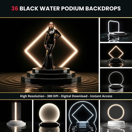 36 Black Water Podium Digital Backdrops - Modern Neon Backgrounds, Fashion and Maternity Backdrops, Photoshop Overlays, Photography Overlays - Etsy