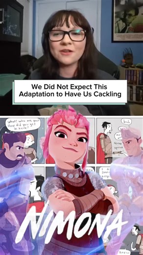 Based on a Book on Instagram: "🎭 Wit, sass, sarcasm, illustrations and animations—Nimona had us laughing out loud throughout. The comedy from @gingerhazing is unparalleled and shines in the original webcomic, graphic novel, and animated movie. 🎬 🎧 Tune in now to hear us talk about more of our favorite moments from this amazing title! #nimona #comedy #nimonanetflix #bookadaptation #podcastclip"
