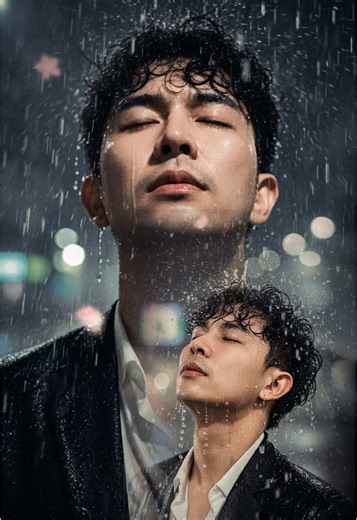 Create a cinematic close-up portrait of a young man with an angular face, sharp jaw, closed eyes and head tilted back slightly, as if completely immersed in a heavy rain. The rain falls heavily, each drop splashing on his hair, face and shoulders. He is wearing a luxurious black suit, inside is a white shirt with an open collar, the fabric is wet and clings to the skin, shining in the low light, creating a sparkling reflective effect. The messy, wet black hair, a few strands sticking to the fore