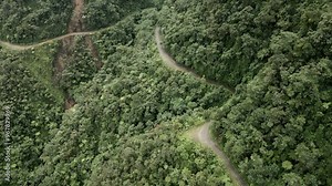 Aerial view of the winding and dangerous Death Road surrounded by lush rainforest and mountains, La Paz, Bolivia.