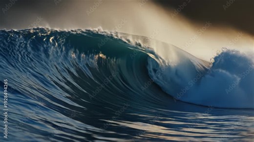 Ocean wave cresting with dynamic motion, showcasing the fluidity and power of water as it curls and crashes against the surface in a coastal setting