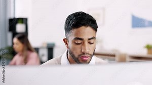 Confused, office and business man on computer working on online project, research and typing email. Corporate, thinking and male worker reading screen with doubt, unsure and problem solving at desk