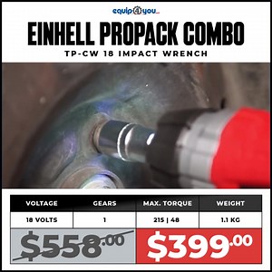 ✨EINHELL PROPACK COMBO SPECIAL✨ The Einhell TP-CW 18 Impact Wrench is perfect for slackening and tightening wheel nuts with the twist of a wrist. This powerful impact wrench is a user-friendly alternative to hard manual work! The high torque of this impact wrench provides enough power to slacken even the tightest wedged or rusted nuts in next to no time, yet for all its power it is light in weight and comfortable to handle. Einhell TP-CW 18 Impact Wrench (incl. 4AH battery & charger) NOW $399 BB
