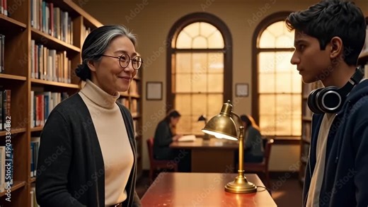 Female Asian Librarian Assists Male Young Adult in Library