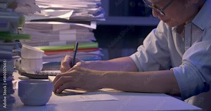 Senior asian business man is sitting at desk covered with stack of paperwork and analyzing data, writing project reports. Alone male calculating data while working hard at late night. Close up shot.
