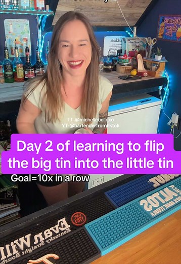 Replying to @cannabanana420420 Learning how to flip shaker tins (big tin into little tin) day 2. Trying to get this bartender flair trick consistent. #bartender #barflair #shakertins