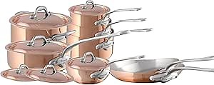 Mauviel M'Heritage 150 S 1.5mm Polished Copper & Stainless Steel 14-Piece Cookware Set With Cast Stainless Steel Handles And Curved Lid, Made In France