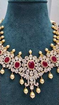 Diamond Finish Ruby CZ Bridal Necklace with Pearl Danglings | Luxury South Indian Gold Design Telugu
