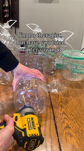 Andrea White on Instagram: "Ok, not actually therapy… But planting seeds, setting them out in the cold, and watching them grow is honestly, pretty amazing.🌱 Here’s what to do •Use cheap or recycled clear containers •Drill drainage holes in the bottom and ventilate the top •Fill with 3–4 inches of potting soil (any kind will work) •Spray soil with water and plant seeds •Label the container with a permanent marker •Seal them up and set outside •Sit back, sip your coffee, and let winter do its thi