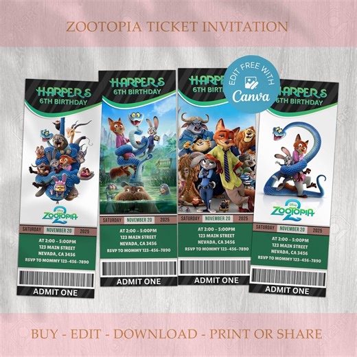Zootopia 2 Movie Ticket Invitation, Zootopia Birthday Invitation, Printable Birthday Invite, Movie Ticket, Digital Download - Etsy