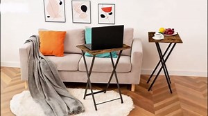 HOOBRO Folding TV Tray Tables, Set of 2 Side Table for Small Space, Industrial Snack Tables for Eating at Couch, Stable Metal Frame, Easy Assembly, Space Saving, Marble and Gold DM25BZ01
